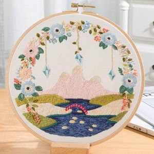 New Embroidery Kit w/Hoop River Mountain Flower Boho Decor Beginner Craft